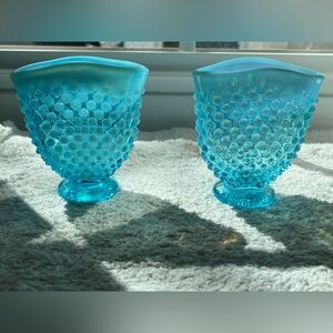 Pair (2) of Fenton Blue Hobnail Opalescent Mini Fan Vases, Made 1940-1943